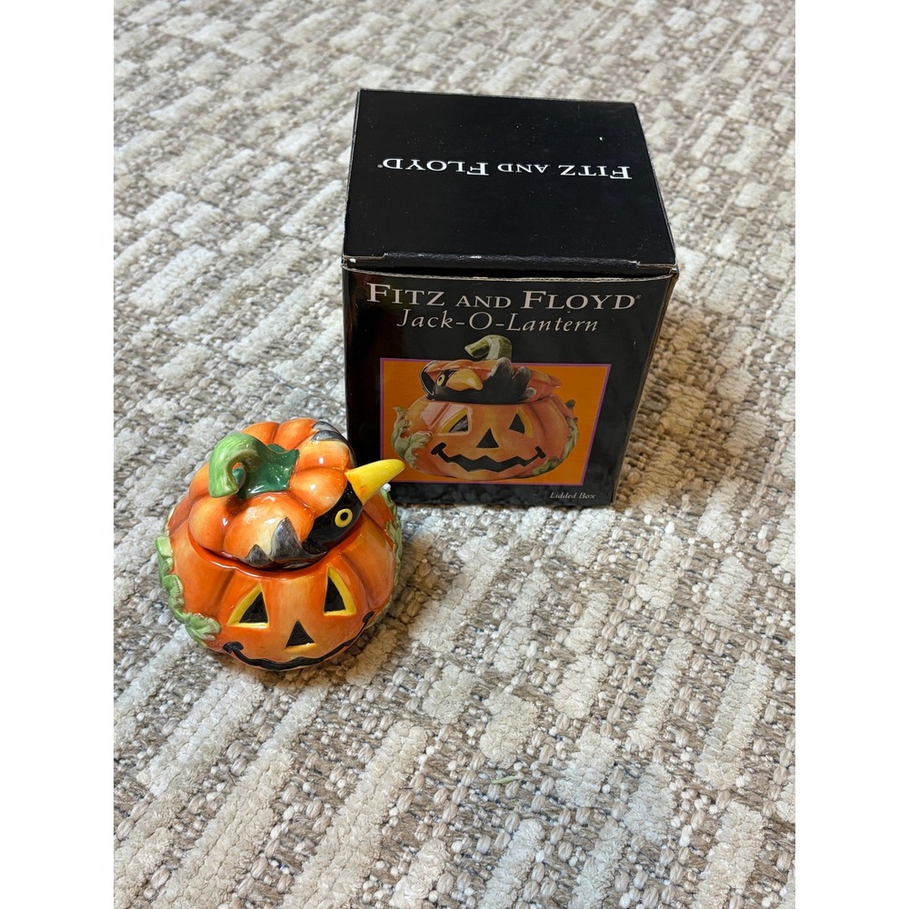 Fitz and Floyd Jack-O-Lantern Lidded Box Halloween Crow Pumpkin Ceramic Dish